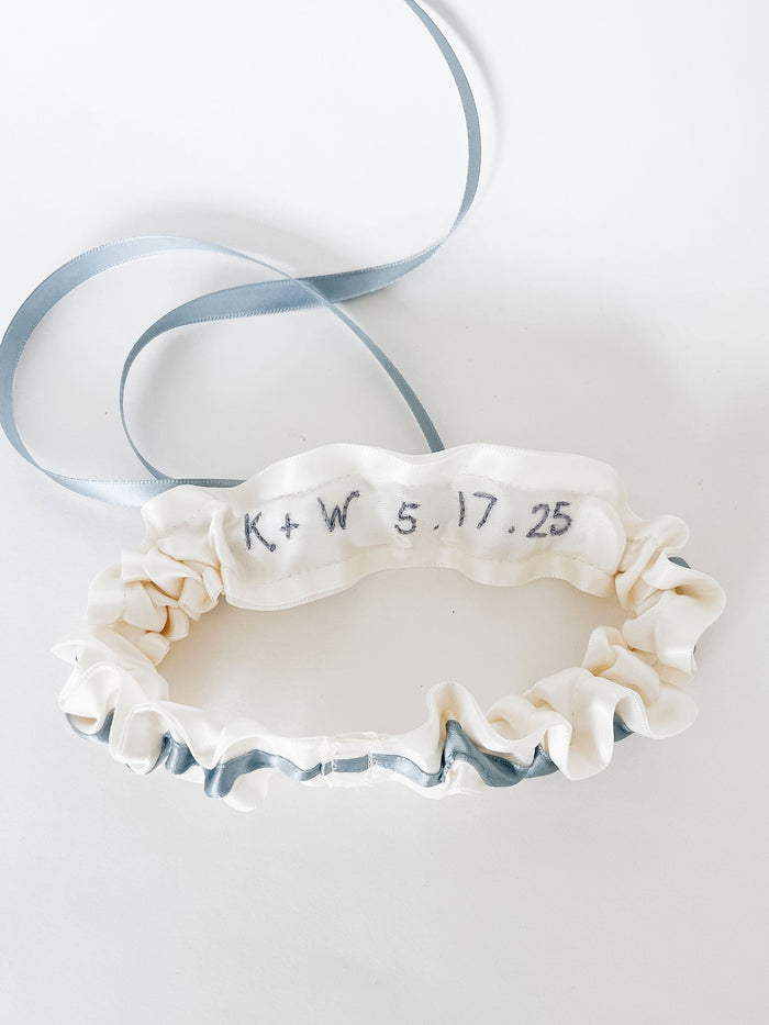 Garter: Personalized Ivory Satin with Blue Bow