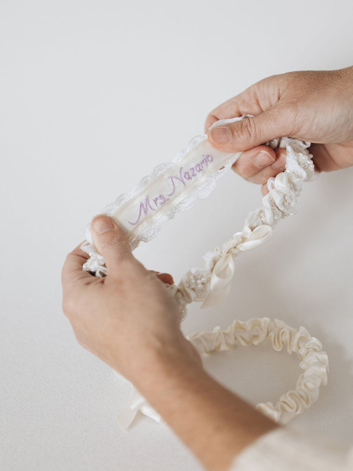 pearls and beaded wedding garter set with personalized hand embroidery handmade by The Garter Girl