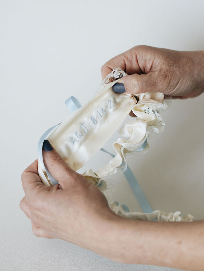 Something Blue Lace Bridal Garter Set Personalized With Embroidery by The Garter Girl