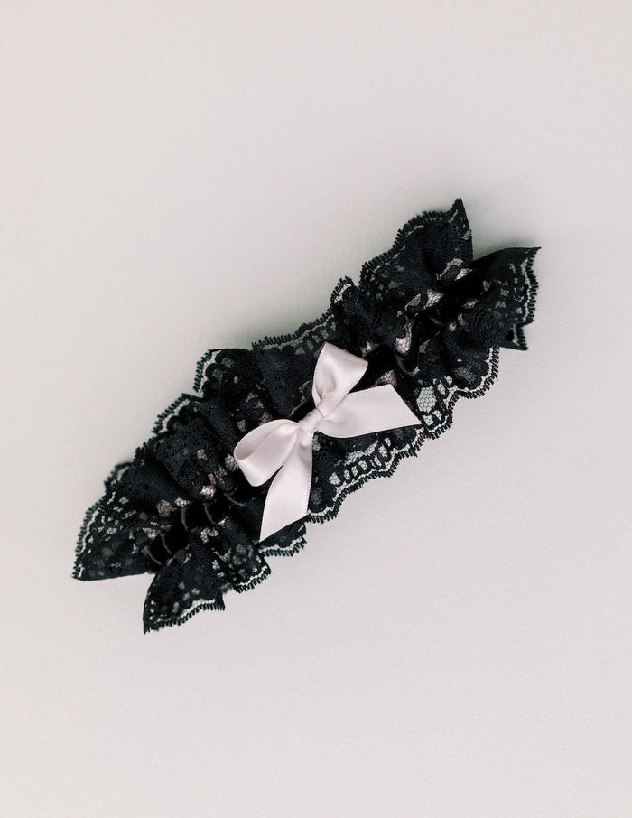 custom wedding garter heirloom handmade with black lace, black velvet and blush pink satin by The Garter Girl
