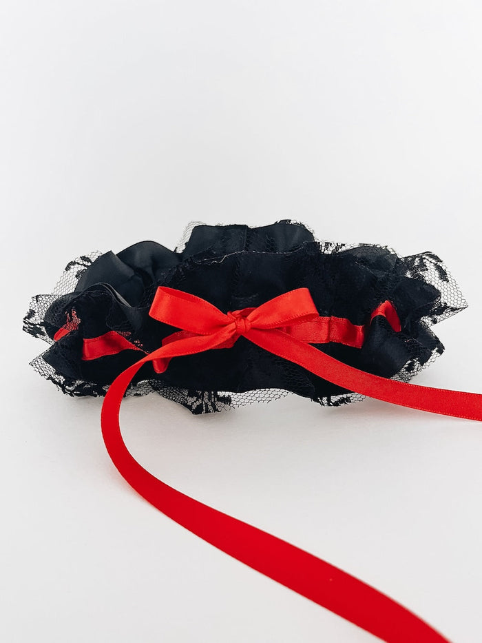 Garter: Black Satin & Lace with Red Embroidery