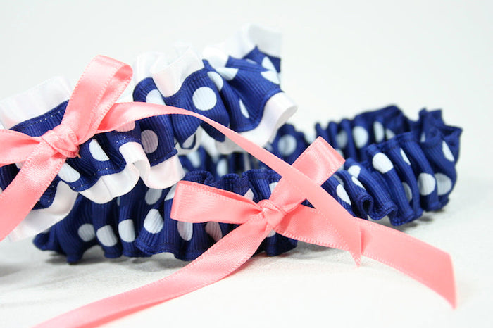 White and Blue Polka Dot and Coral Garter Set