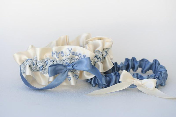 Something Blue and Ivory Lace Embroidered Garter Set