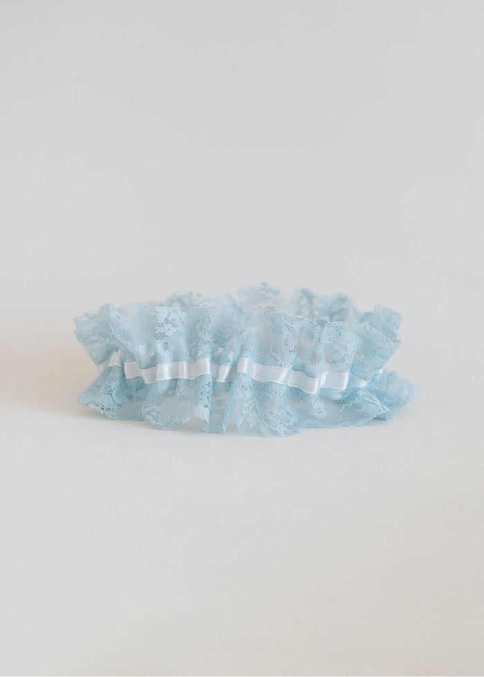 custom wedding garter set handmade with blue lace and white satin by expert bridal accessory designer, The Garter Girl