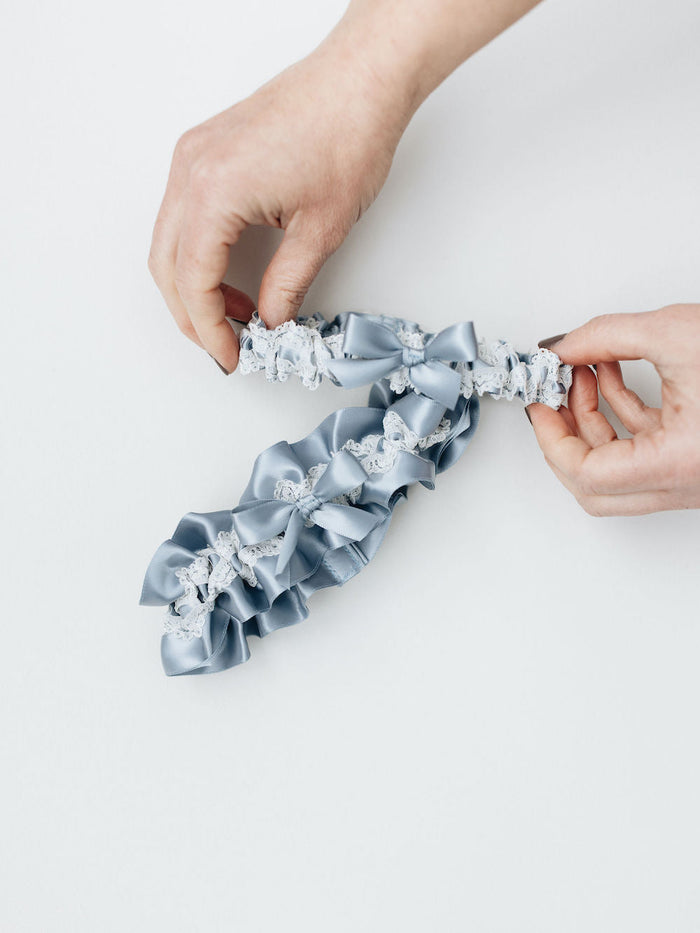 Custom Garter Set in Dusty Blue Personalized with Embroidery by Expert Bridal Accessories Designer The Garter Girl