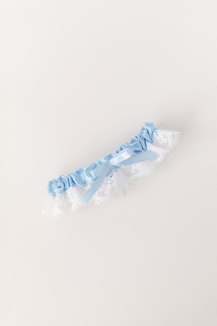 custom wedding garter with blue satin and white lace