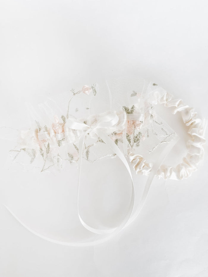 Garter Set: Boho Floral Tulle & Personalized Embroidery