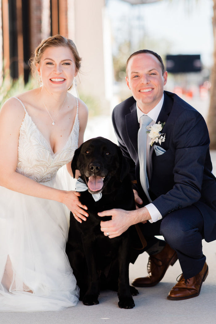 dusty blue wedding with bride and groom dog details