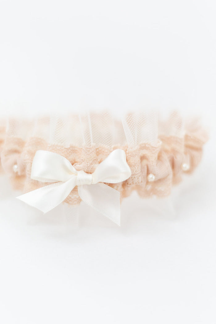 Garter Set: Champagne with Lace, Tulle, Pearls & Embroidery on Inside