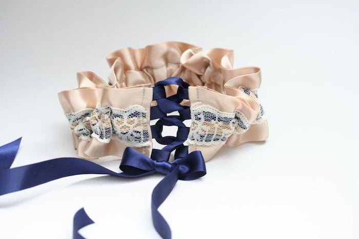 Champagne and Navy With Lace Garter Set