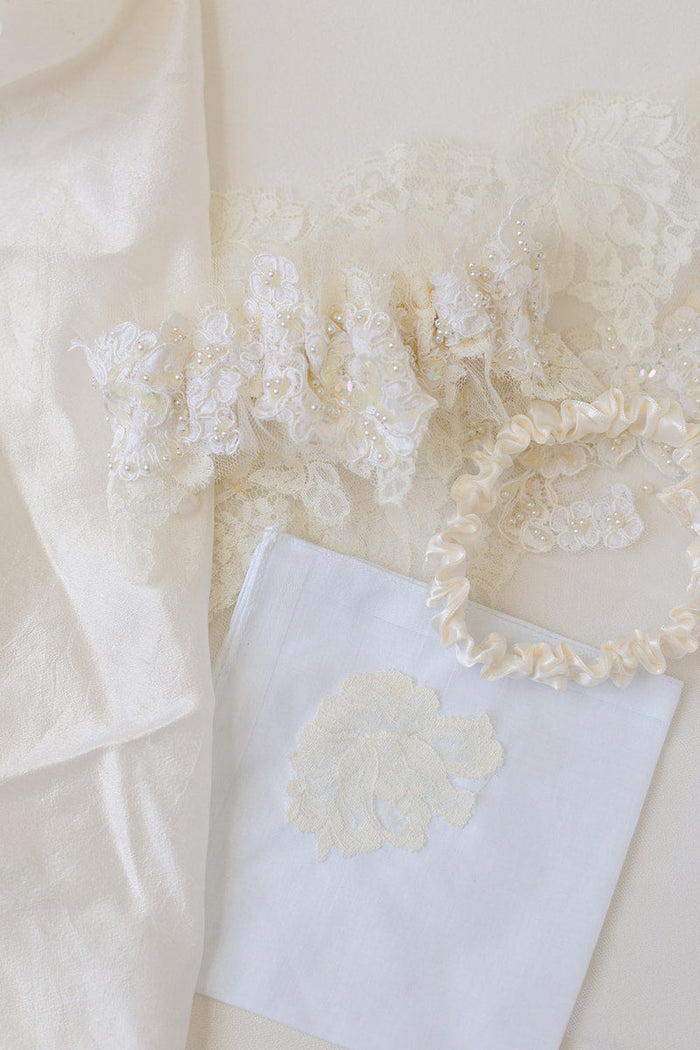 bridal garter and handkerchief made from mother dress and grandmother veil by The Garter Girl