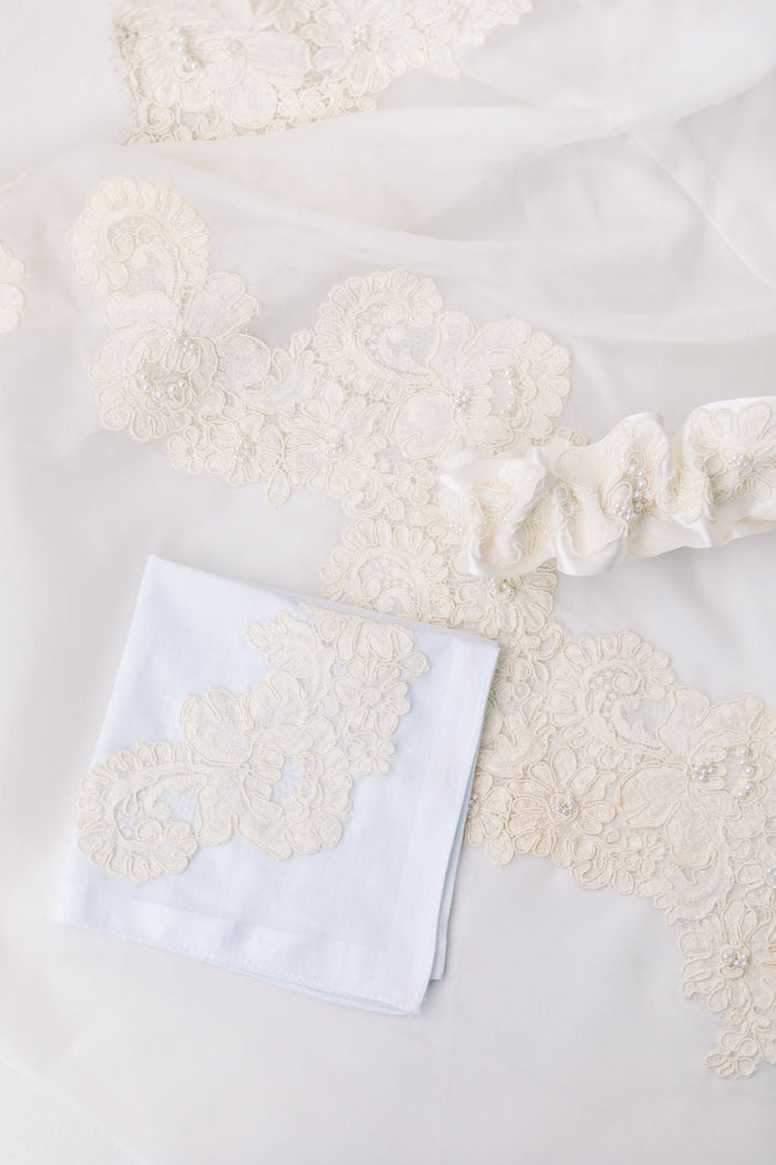 garter and handkerchief made from bride's mother's wedding dress