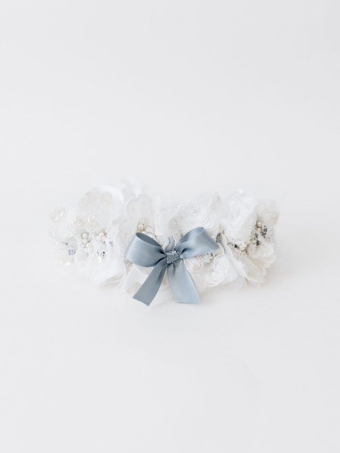 custom wedding garter heirloom with dusty blue ribbon with pearls, lace, and tulle from mom's wedding dress handmade by The Garter Girl