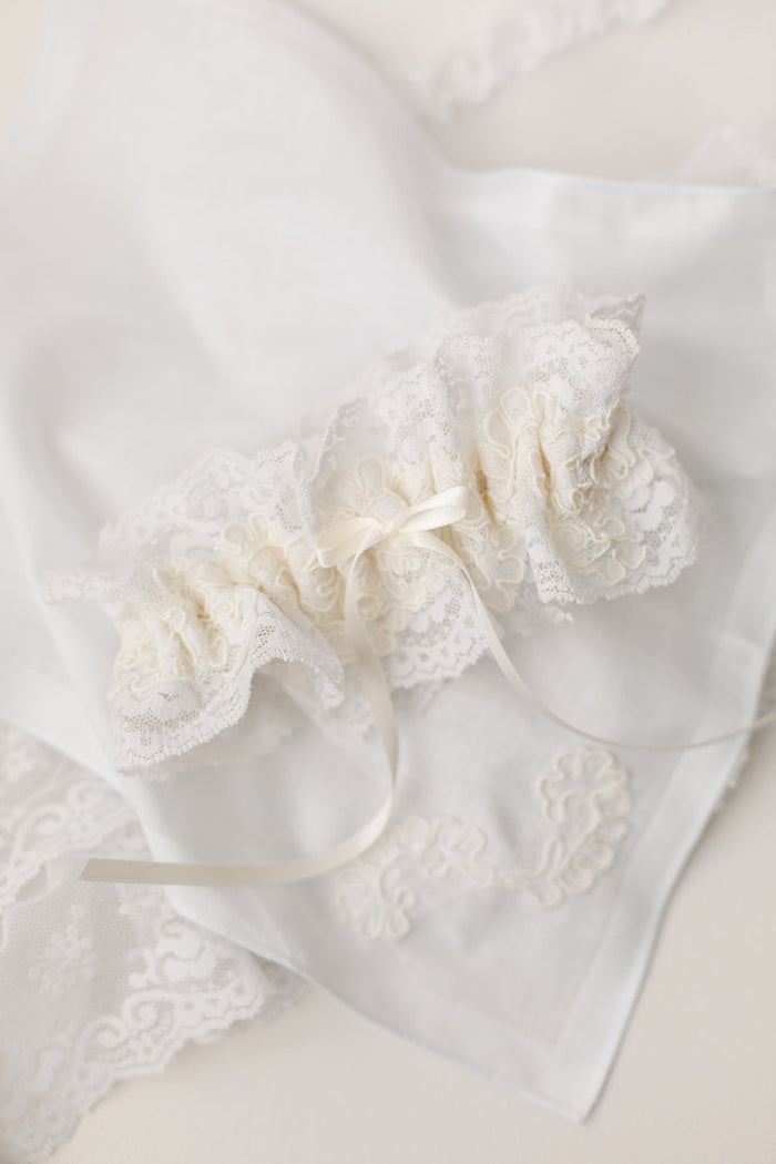 custom garter and hanky made from mother's wedding dress