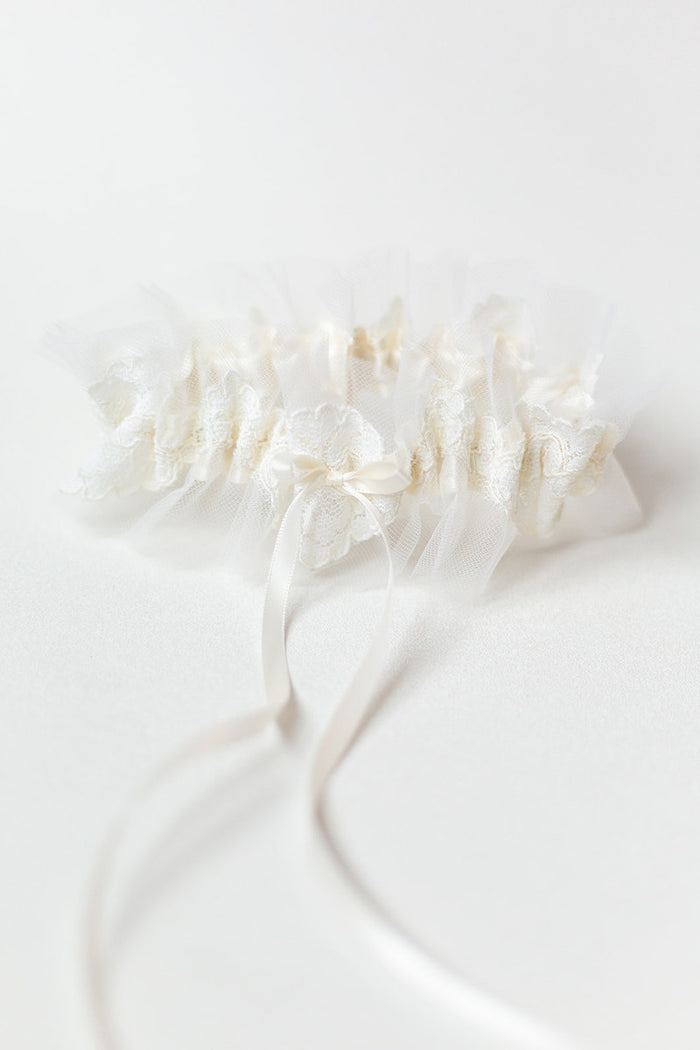 garter made from mother's bridal veil lace