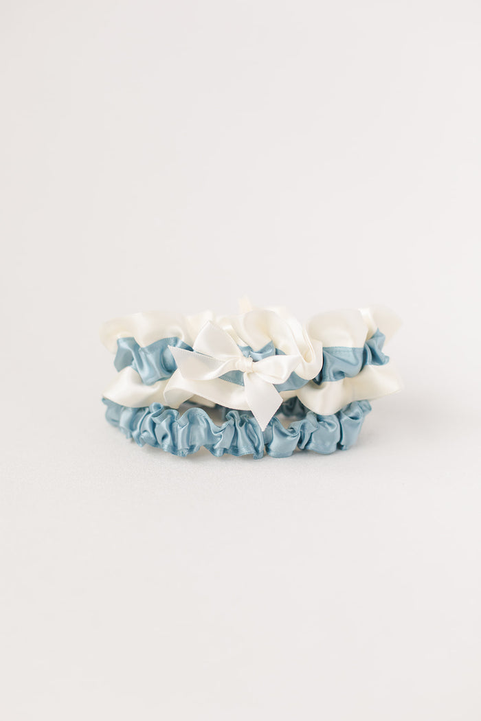 Garter Set: Dusty Blue & Ivory Satin