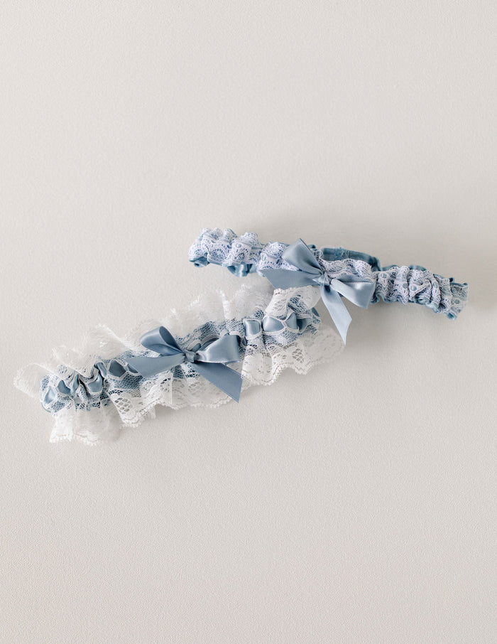 Garter Set: Dusty Blue, White Lace & Personalized Embroidery