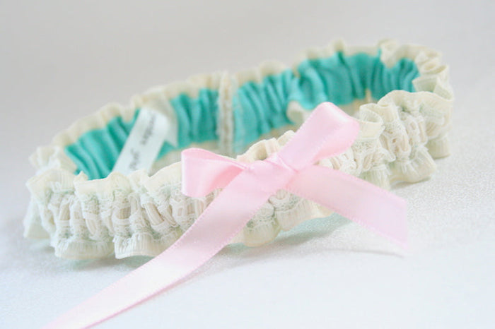 Ivory Lace, Pink and Aqua Garter