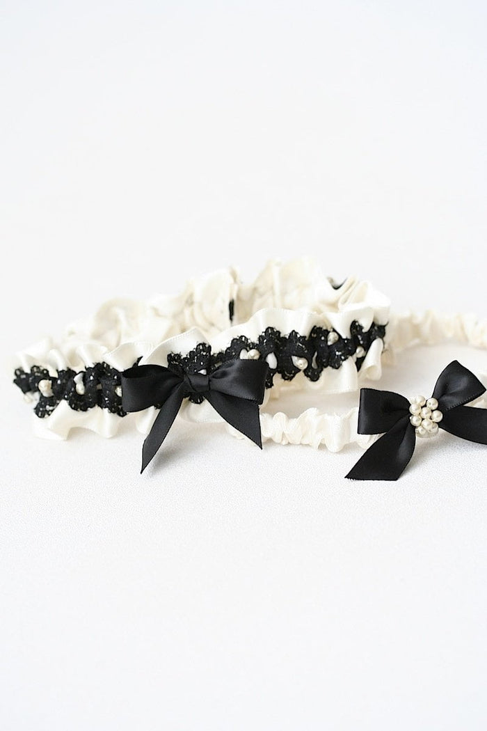 Garter Set: Black Lace, Pearls and Blue Wedding Date