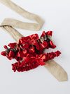 custom heirloom wedding garter set with main and tossing garter in red satin handmade by The Garter Girl