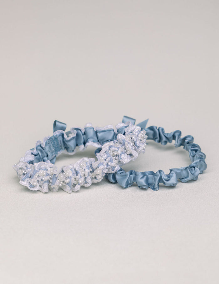 personalized wedding garter set with dusty blue and lace and pearls handmade by The Garter Girl