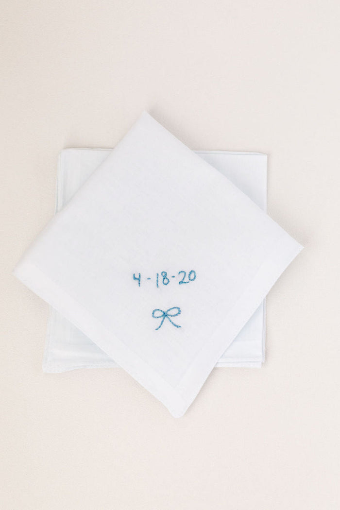custom wedding hanky with something blue date embroidered