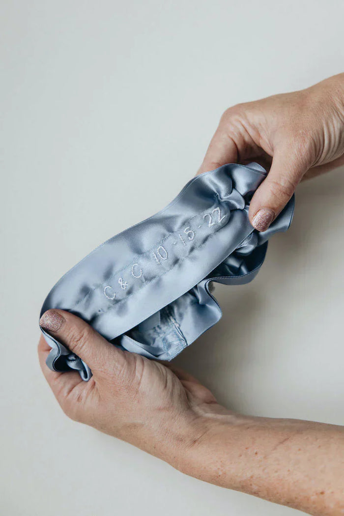 Dusty Blue Bridal Garter Personalized With Hand Embroidery