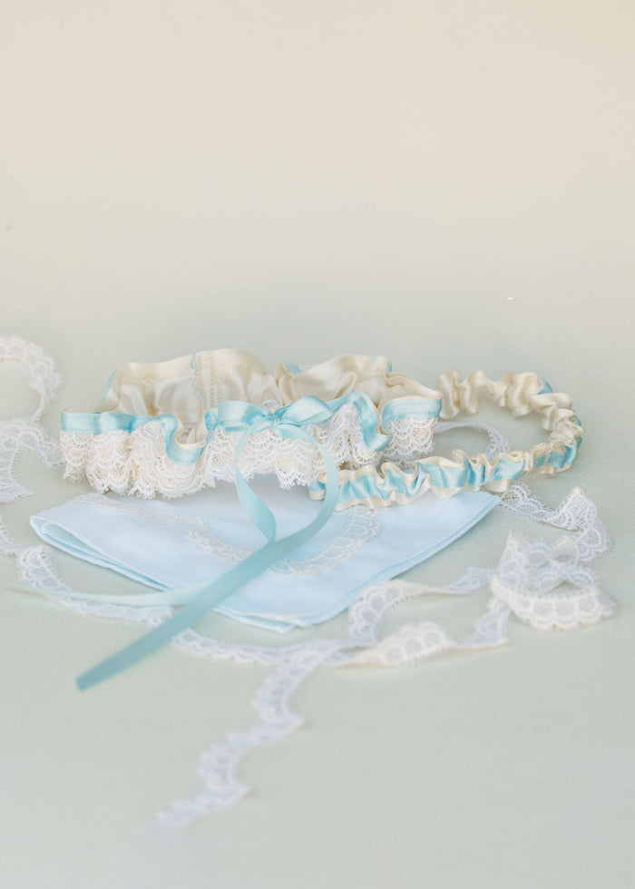 heirloom wedding garter set and handkerchief from bride's mother's wedding dress handmade by The Garter Girl