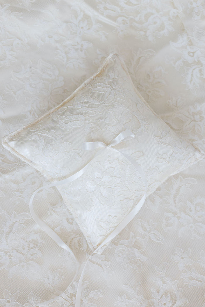 family ring bearer pillow handmade from great grandmother's wedding dress lace and satin handmade wedding heirloom by The Garter Girl