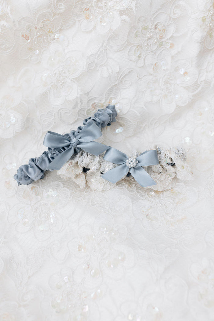 wedding garter set with ivory lace, blue satin & bow, and pearls with personalized embroidery - a handmade wedding heirloom by The Garter Girl
