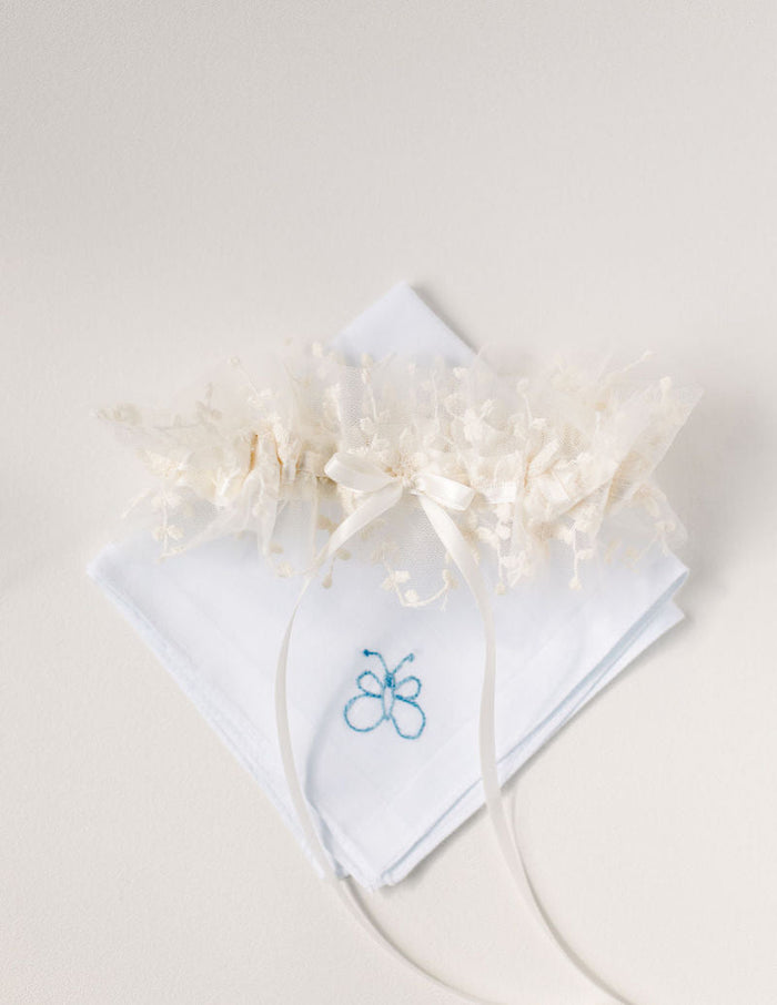 personalized wedding garter set and handkerchief with custom butterfly embroidery