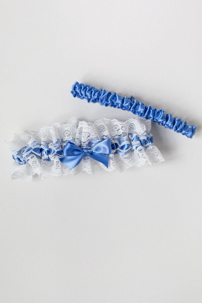 cornflower blue wedding garter set with off white lace