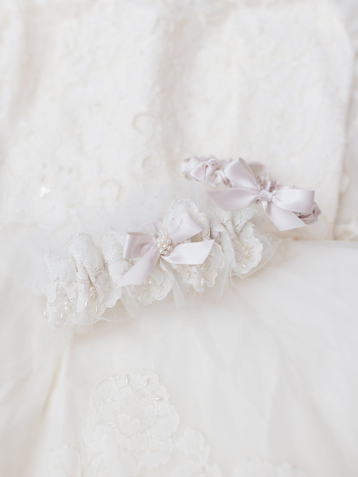 wedding garter set made from mothers wedding dress with pearls, lace, blush accents and personalized embroidery - a handmade wedding heirloom by The Garter Girl