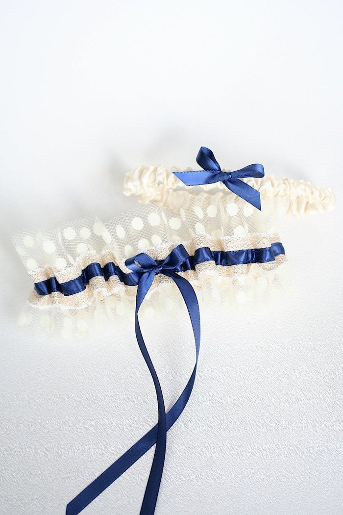 Garter Set: Polka Dot Tulle, Gold Lace & Navy Blue