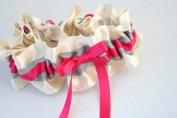 Ivory, Gray and Hot Pink Garter Set