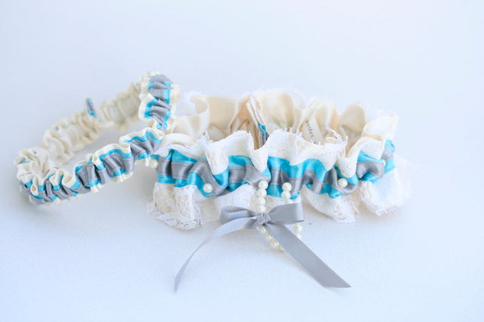 Heirloom Lace and Pearl with Gray and Aqua Garter Set