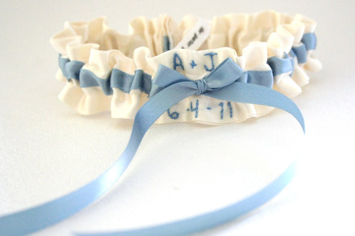 Ivory and Blue Embroidered Garter