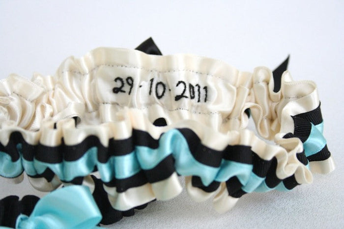 Ivory, Black and Aqua Embroidered Garter