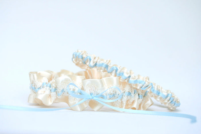 Ivory Lace, Light Blue and Embroidered Garter Set