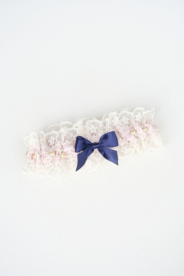 Garter Set: Lace, Pearls, Blush & Navy Blue
