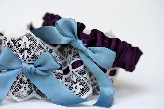 Dark Purple, Lace and Blue Garter Set