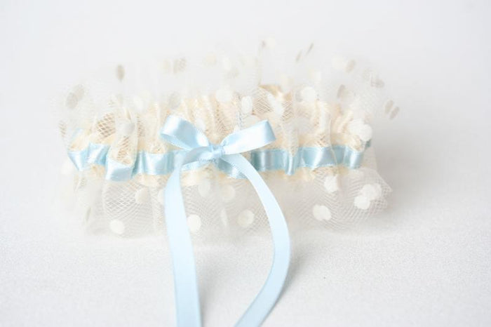Light Blue and Ivory Polka Dot Garter Set