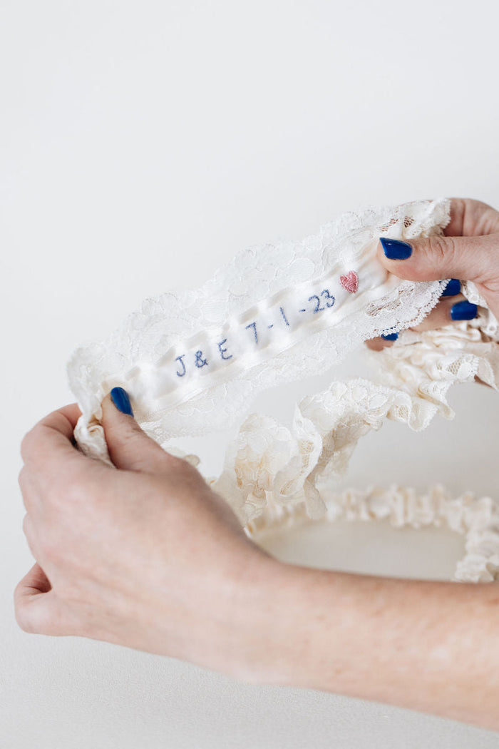 Lovely Lace Bridal Garter Set Personalized With Embroidery and Heart by The Garter Girl