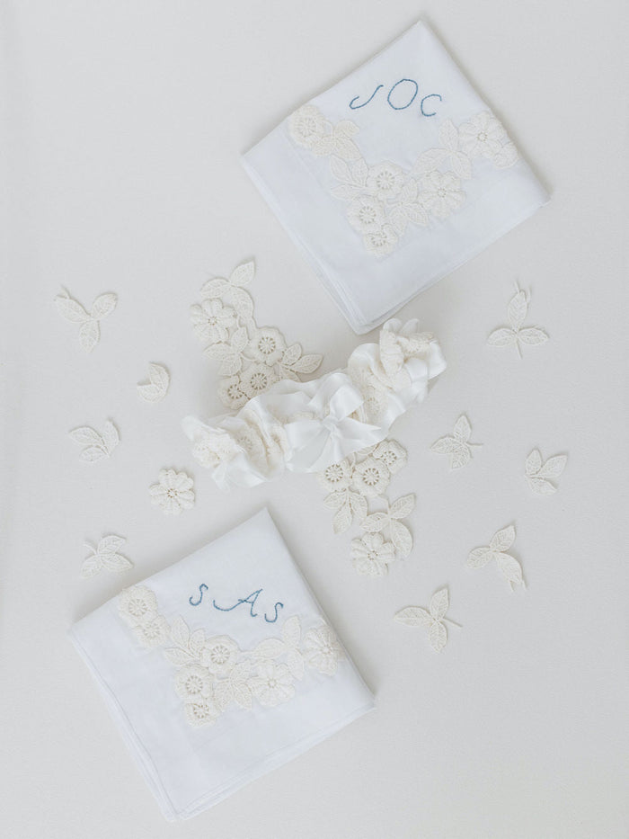wedding garter & handkerchiefs handmade from grandmother's wedding dress lace by expert heirloom designer, The Garter Girl