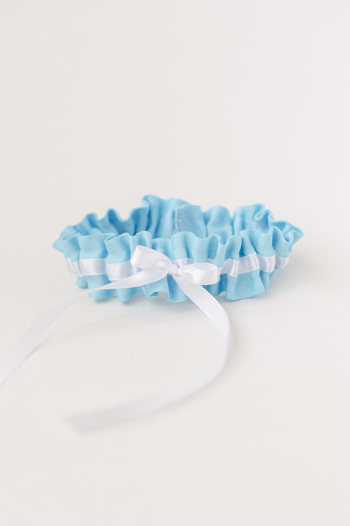 modern wedding garter with something blue and white