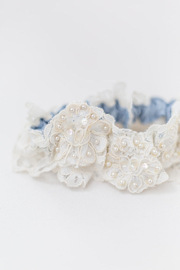 dusty blue garter heirloom lingerie pearls
