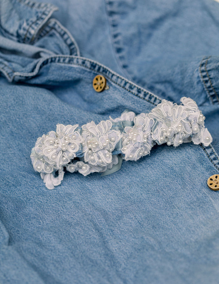 wedding garter heirloom handmade with grandmother's shirt and mother's wedding dress lace and pearls by The Garter Girl