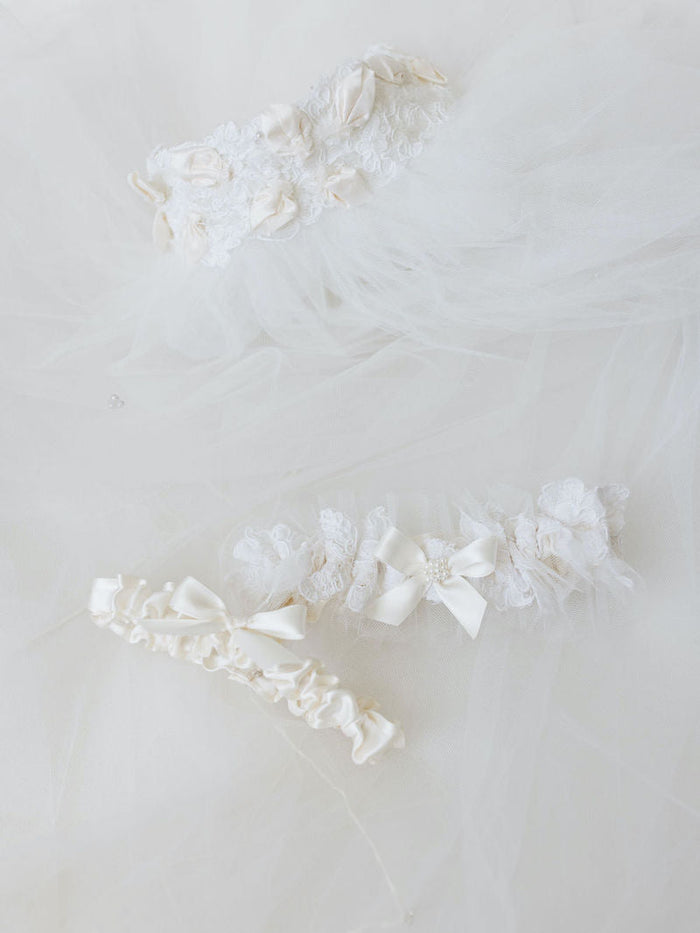 Lace Tulle and Pearls Garter Set Made From Mother's Bridal Veil