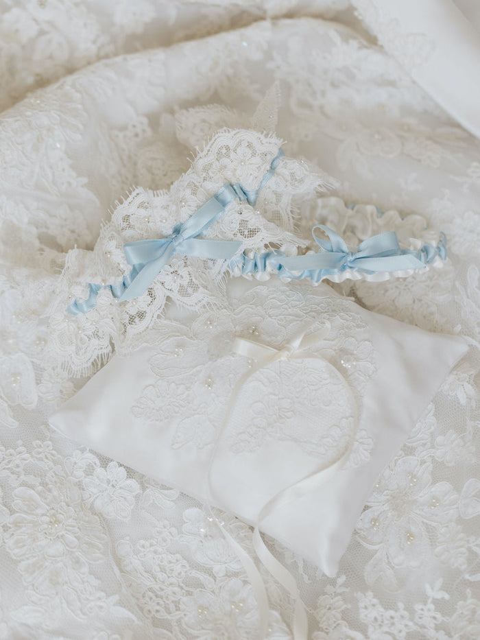 wedding accessories from mothers wedding dress w lace, pearls - wedding garter set, ring pillow, something blue & handkerchief handmade by The Garter-Girl