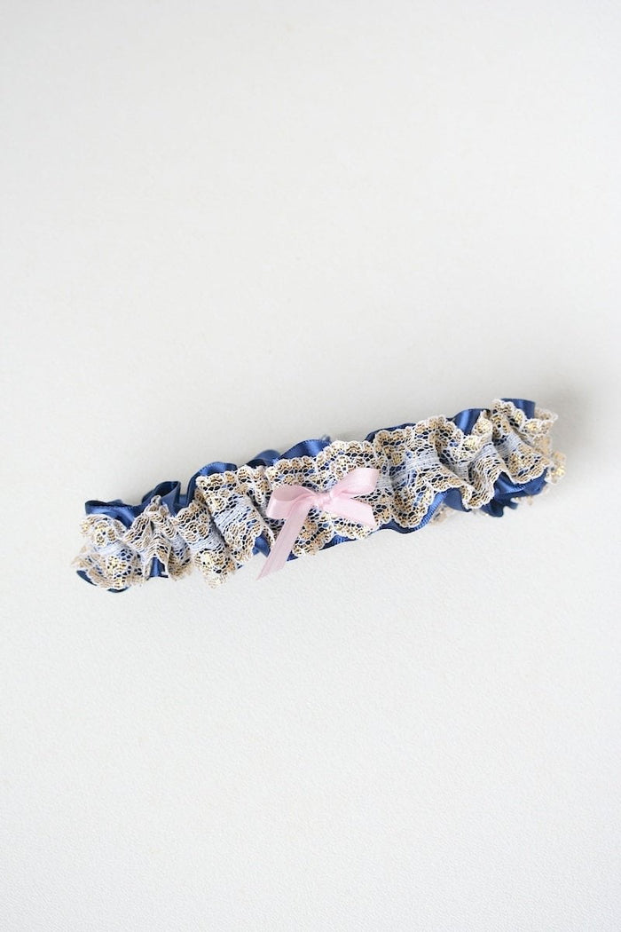 Garter: Navy Blue, Gold Lace & Pink